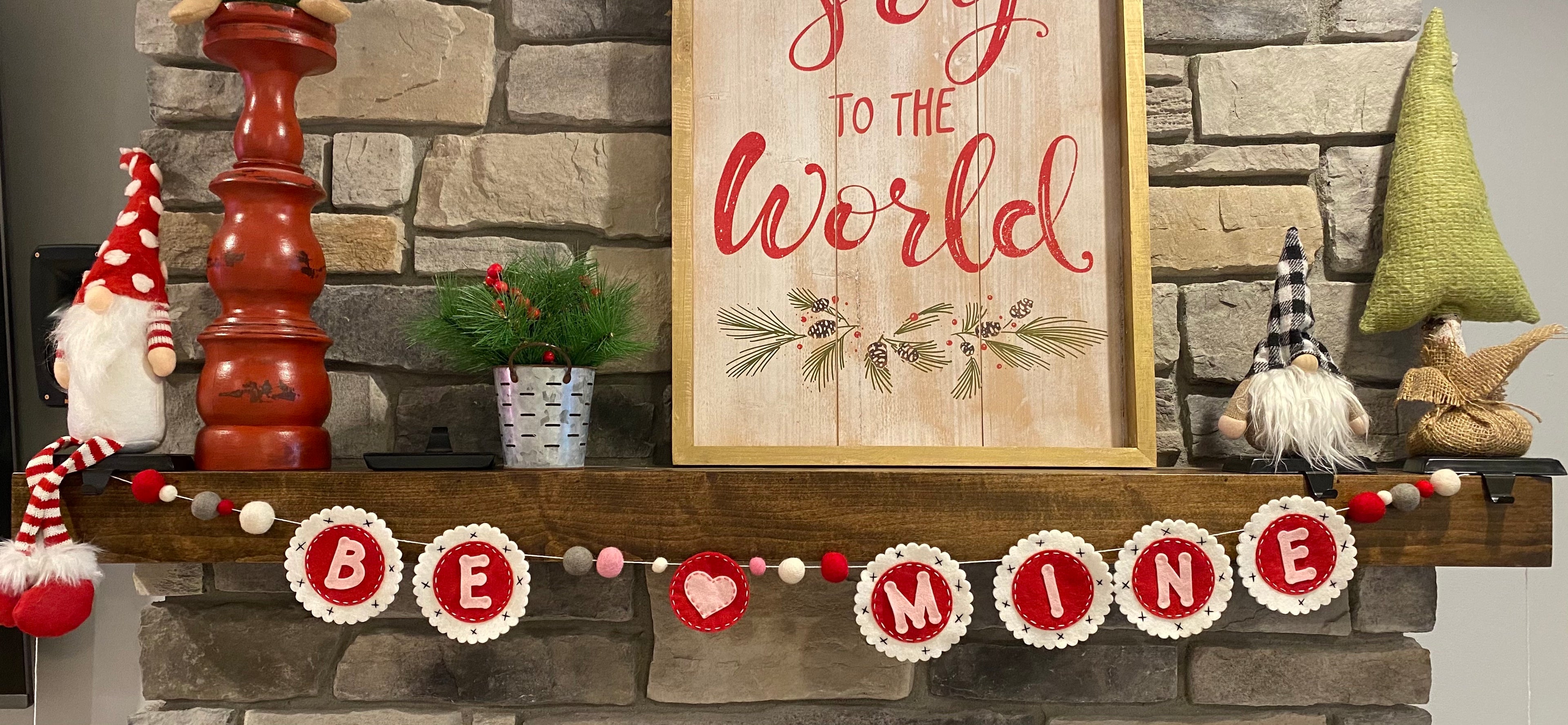 Felt hand sewn letters and garland. valentines decor. red, white and pink 